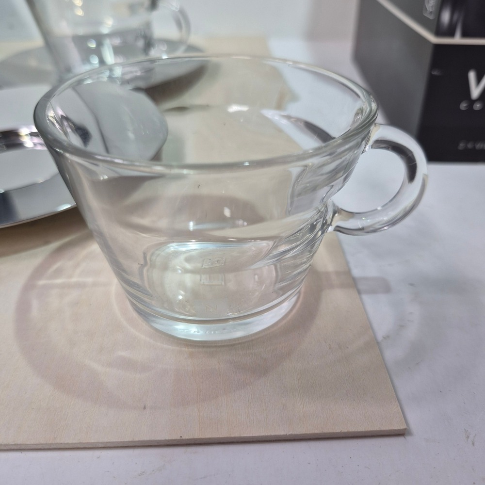 Nespresso View Collection Cappuccino Set 2 Glass Cups 2 Stainless Steel Saucers - Picture 5 of 8